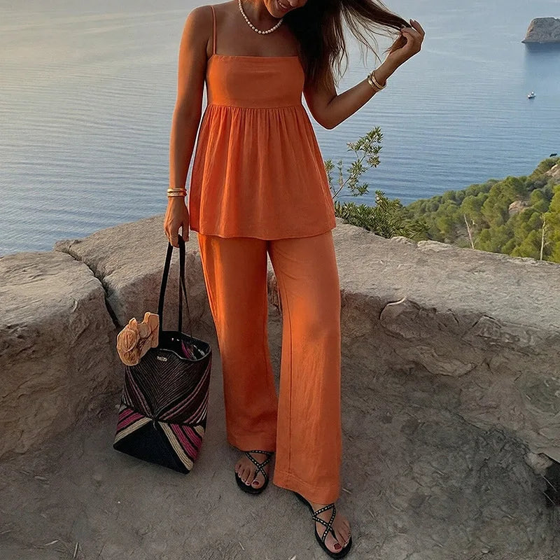 Women's Fashion Orange Linen Cotton Two Piece Sets Summer Sleeveless Sling Top & Straight Pant Casual Beach Holiday Outfits