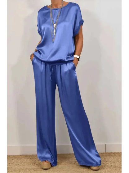 Simple Satin Women's Suits Summer Fashion Short sleeve Loose Blouse Wide Leg Pants Two Piece Set For Women Casual Outfits