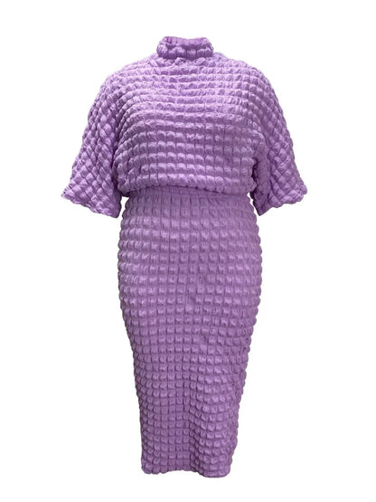 Wmstar Two Piece Set Plus Sized Women Wholesale Solid Color Bubble Fabric Bat Sleeve Top Skirt 2025 Summer Outfit Fancy Club