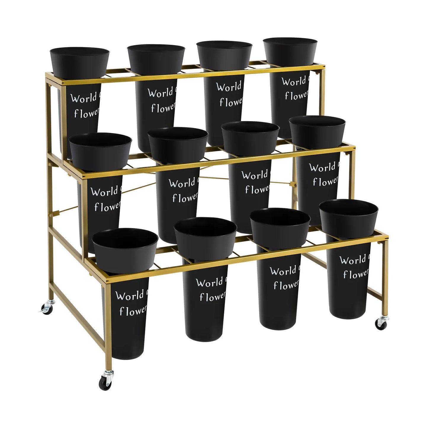 3 Layers Flower Display Stand with 12PCS Black Buckets,Metal Moving Plant Stand with Wheels, Garden Cart Display Flower Shelf