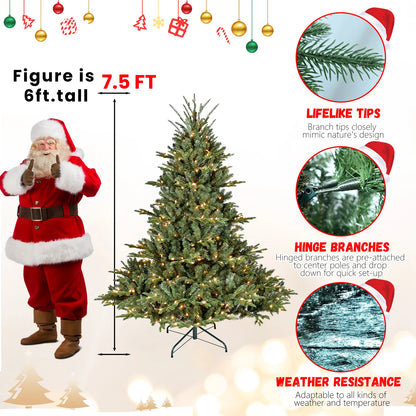 7.5ft Full-Shape Christmas Tree with 850 UL Certified Lights, 2441 PE/PVC Mixed Branch Tips, Hinged Easy Setup Artificial Tree with Wide Base and Metal Stand, Green