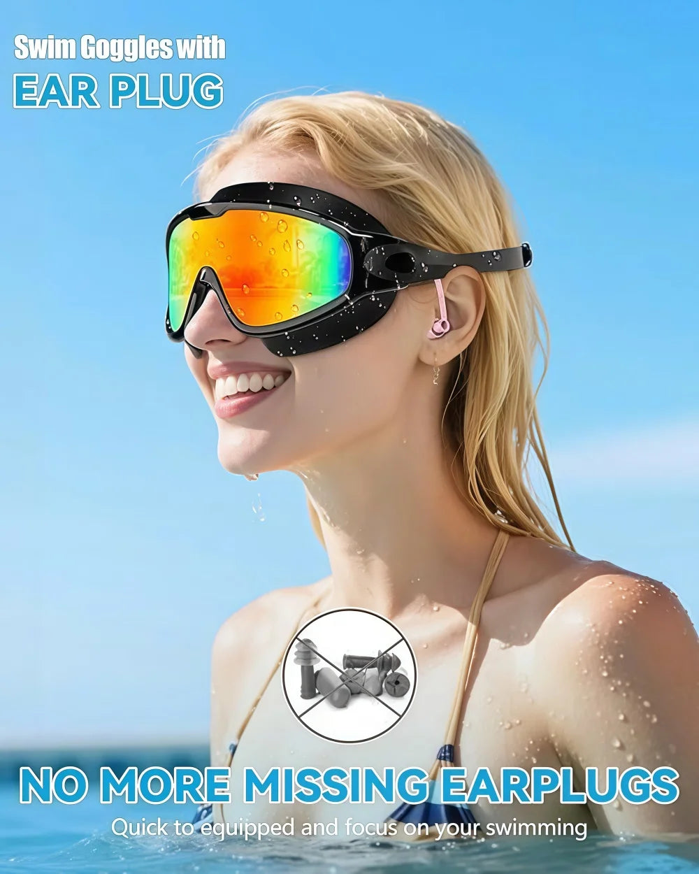 Adult Wide View Swim Goggles Anti-Fog Anti-UV No Leak Swimming Glasses with Earplugs for Men And Women Youth