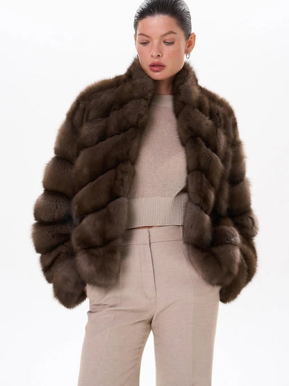 Women Winter Faux Fur Coat 2026 Warm Taupe Fluffy Plush Jacket Striped Patchwork Elegant Outerwear