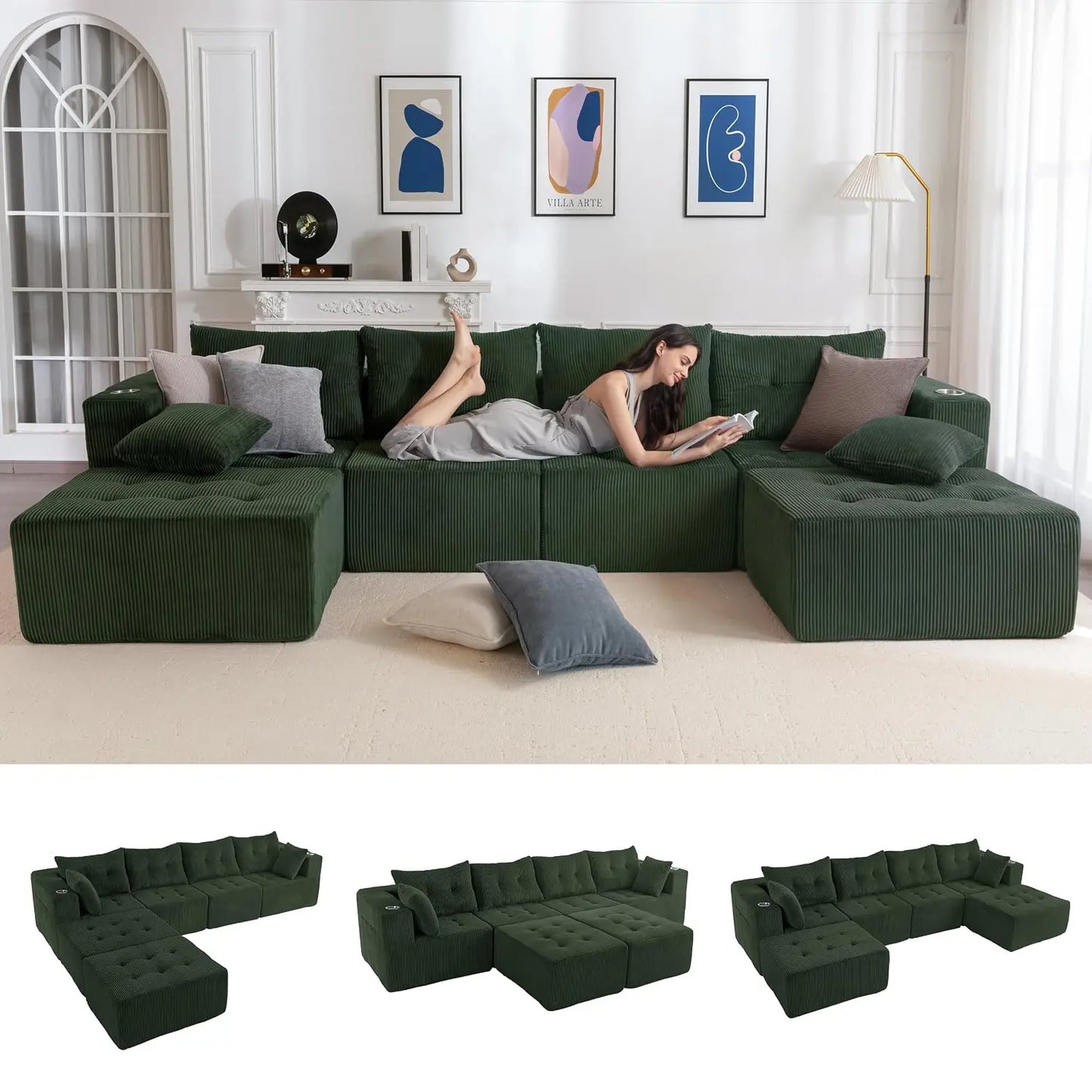 Boneless Couch, 129.5-Inch U-Shaped Cloud Couch, 2 Ottomans | Orange Tufted Modular Sofa in a Box Requires No, Customized