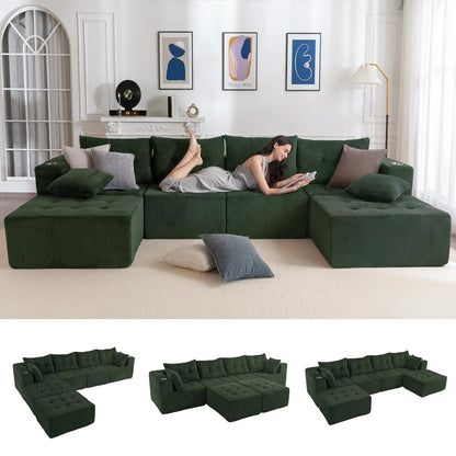 Boneless Couch, 129.5-Inch U-Shaped Cloud Couch, 2 Ottomans | Orange Tufted Modular Sofa in a Box Requires No, Customized