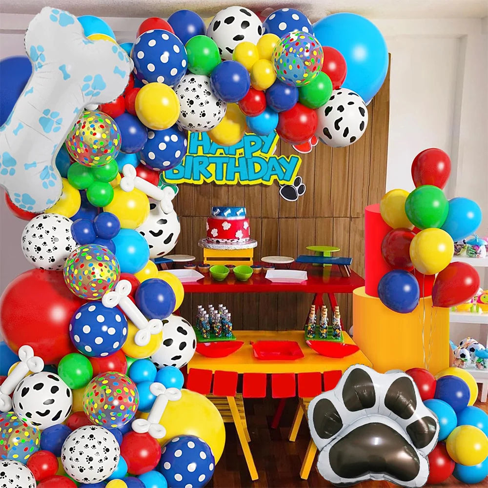 Paw Balloons Garland Arch Kit with Dog Bone Blue Yellow Red Green Balloons for Patrol Themed Animal Birthday Party Decorations