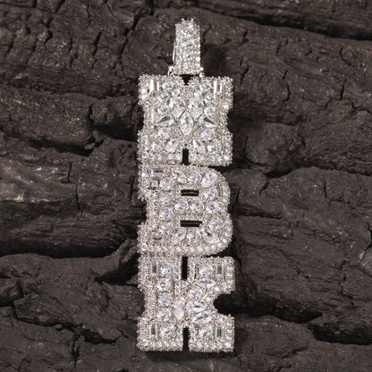 THE BLING KING Custom Vertical Initial Letter Pendant Mixed Inlay Different Shape Cubic Zircon NamePlate Necklace Hiphop Jewelry