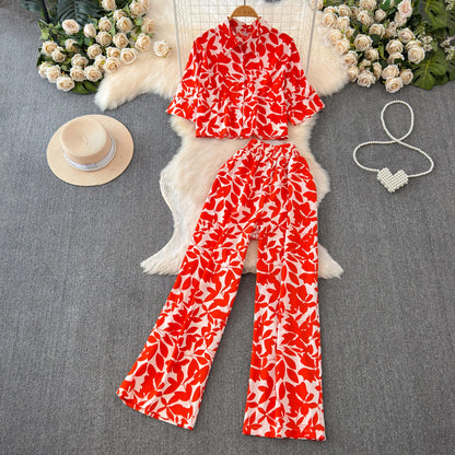 Beach Style Fashion Printed Women Pant Sets 2pcs Short Chiffon Shirts+Wide Leg Pants 2025 New Summer Casual Loose Female Suits
