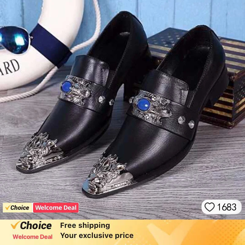 Fashion Gentleman Dressing Shoes Metal Pointed Toe Patchwork Crystal Designer Wedding Party Brand Customized Shoes Men Plus Size