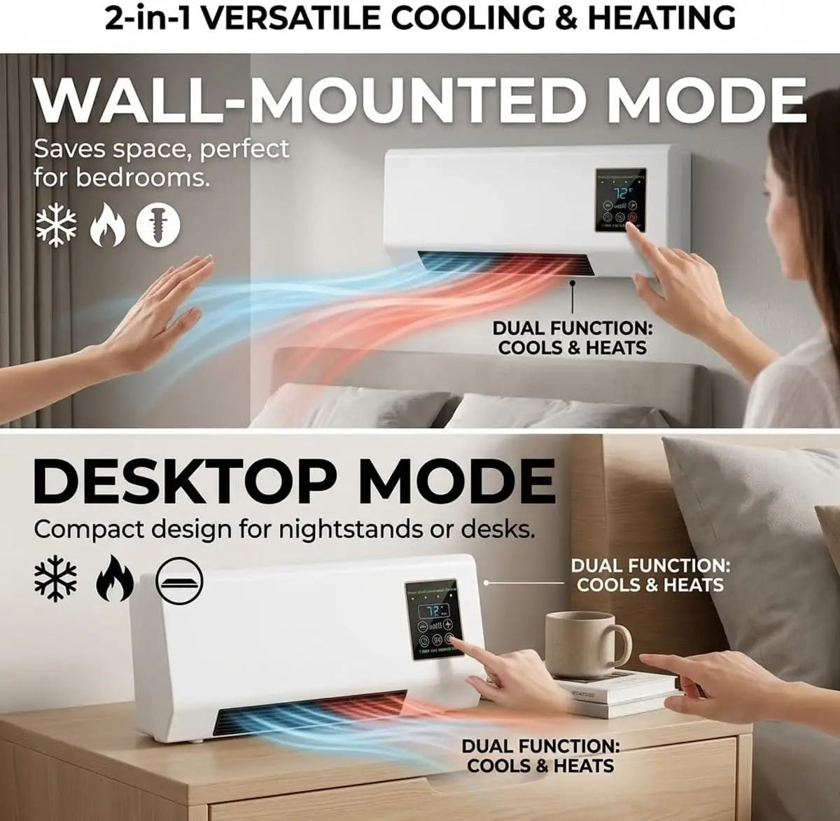 Wall Mounted Air Conditioner Fan, 2-in-1 Heater and Cooling Combo, 1800W PTC Space Heater Combo Unit with Remote 8H Timer, Quiet Ductless Smart Airflow for Bathroom Office(White)