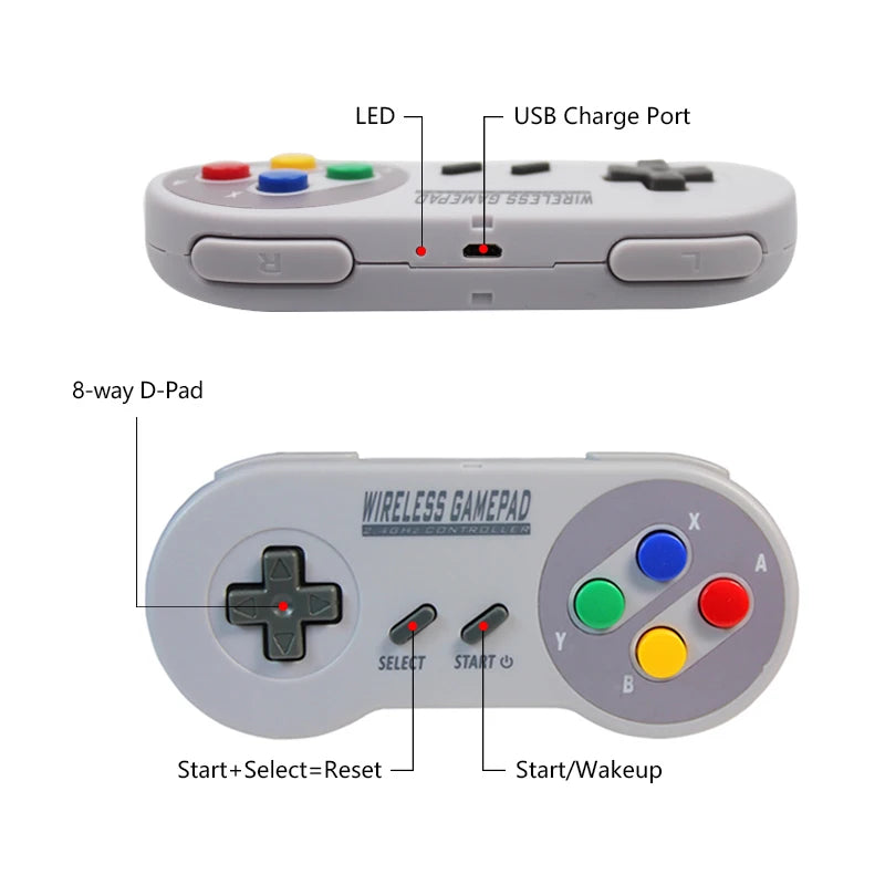 2 Reciever Wireless Colorful Button 2.4G Game Controller Joypad Joystick ByBluetooth for SNES Super Classic MINI Gamepad for PC