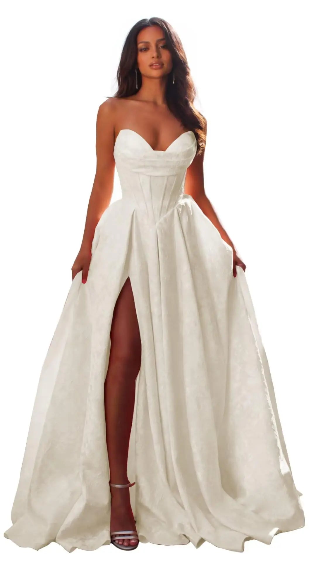 Jacquard Satin Prom Dresses with Slit Strapless Corset A Line Long Formal Gowns Party Evening Gown Formal Dress Women Elegant