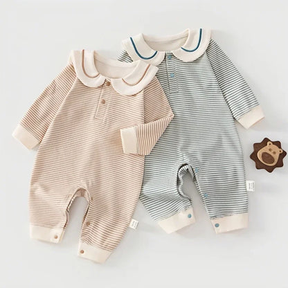 2026 Spring Cotton Newborn Jumpsuit Baby Bodysuits and One-pieces 0-24M Boys Girls Sailor Collar Stripe Boneless Soft Romper