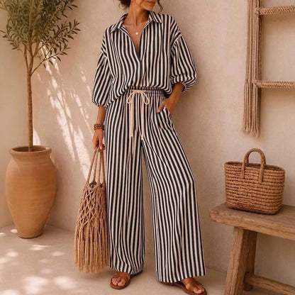 Fashion Stripe Two Piece Set Women Summer Autumn Casual V Neck Long Sleeved Top Wide Leg Pants 2 Piece Suit Women Outfit Sets