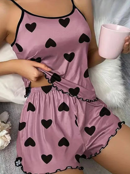 New Women's Pajama Set Leopard Print Heart Printing Round Neck T-Shirts Shorts Homewear Ice Silk Suspender Top Shorts Sleepwear