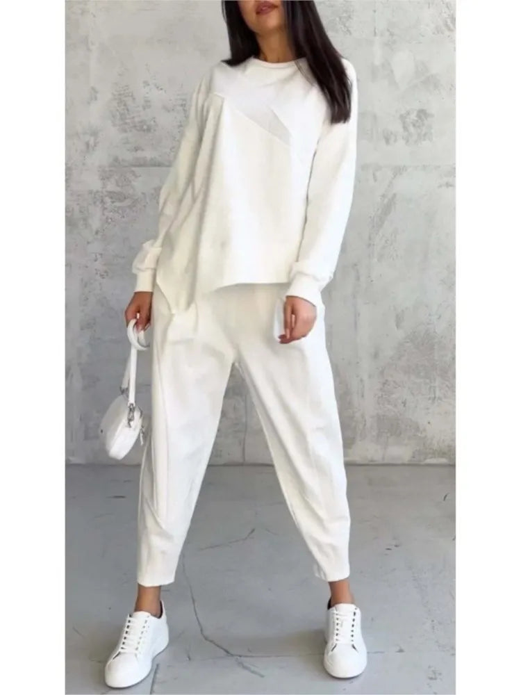 Autumn Winter Solid Color Casual Loose Irregular Long Sleeve Hoodie Women's Suit Fashion Simple Harun Pants Female 2 Piece Set