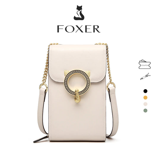 FOXER Fashion Split Leather Cellphone Bag Women's Shoulder Bag Light Luxury Female Crossbody Bag Mini Phone Travel Bag for Girl