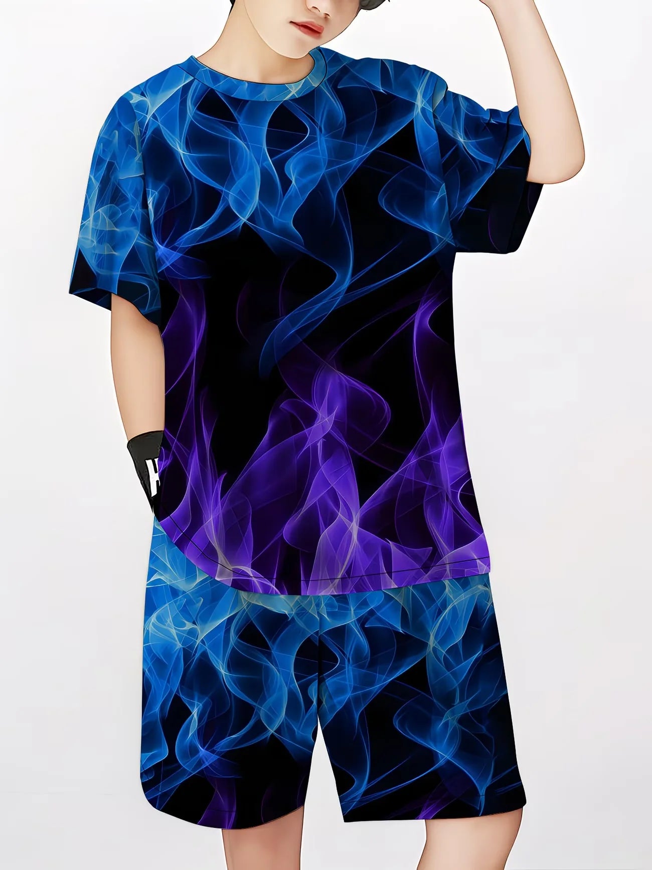 Summer Outfit Blue Flame Print Short Sleeve T-Shirt + Shorts Set Black Casual Sportswear Kids Streetwear Tracksuit