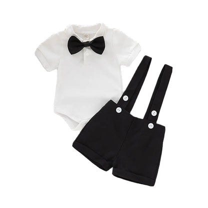 Mini Gentleman Outfit Newborn Baby Boy Formal Costumes Short Sleeve Shirt With Bow + Romper Short Pants Summer Fashion 2 Pcs Set