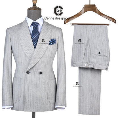 Cenne Des Graoom 2025 Light Grey Striped Double-Breasted Men Suits With Patch Pocket Tailor-Made For Office Wear Wedding Bestman