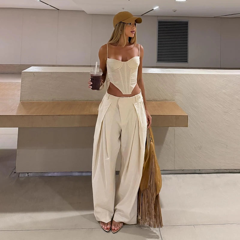 Chic Stripe Print Vest Pants Women Set Patchwork Slash Neck Bandage Top Pleated Asymmetry Trousers 2026 Summer Lady Outfit