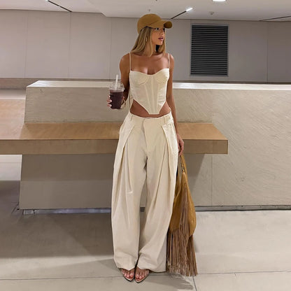 Chic Stripe Print Vest Pants Women Set Patchwork Slash Neck Bandage Top Pleated Asymmetry Trousers 2026 Summer Lady Outfit