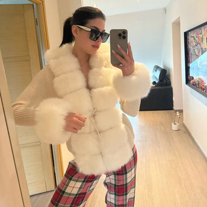 Women's Real Fox Fur Cardigan Jacket Spring and Autumn with Knitted Sweaters and Real Fox Fur Collar Women Raccoon Fur Cardigan