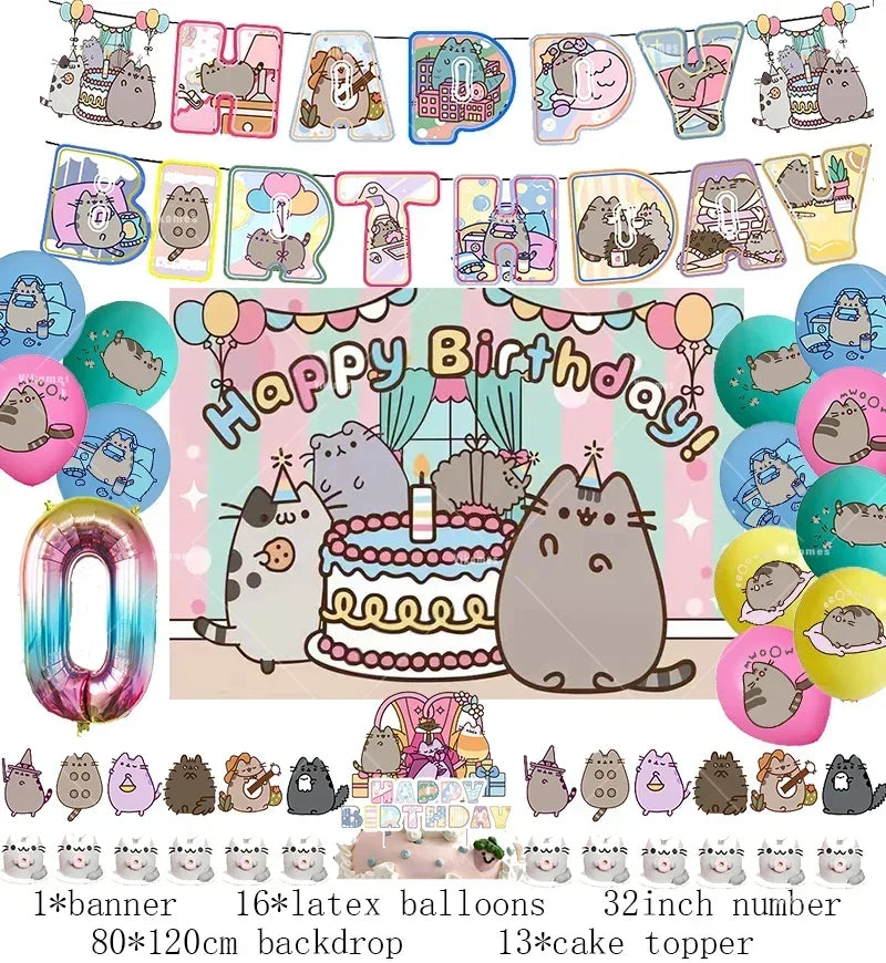 The Pusheen Cat Balloons Birthday Decoration Party Supplies Cartoon Grey Pet Fat Cat Theme Banner Backdrop Cake Topper Sticker