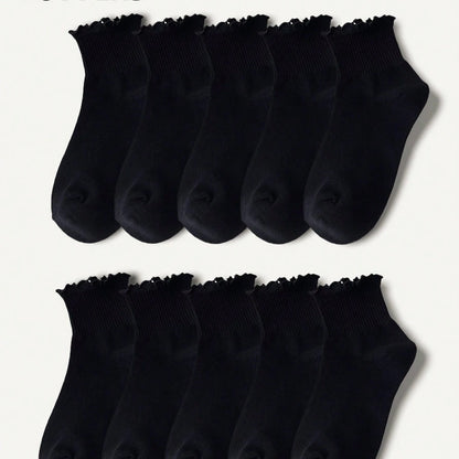 Women's Crew Socks with Ruffles, White and Black, Comfortable, Breathable, Moisture-Absorbing and Sweat-Wicking