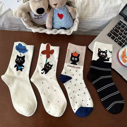 4 Pairs Women's Cartoon Dog Socks Korean Foldable Two-Wear Sweatproof Cotton Oxford Mid-Calf Socks for Fall and Spring