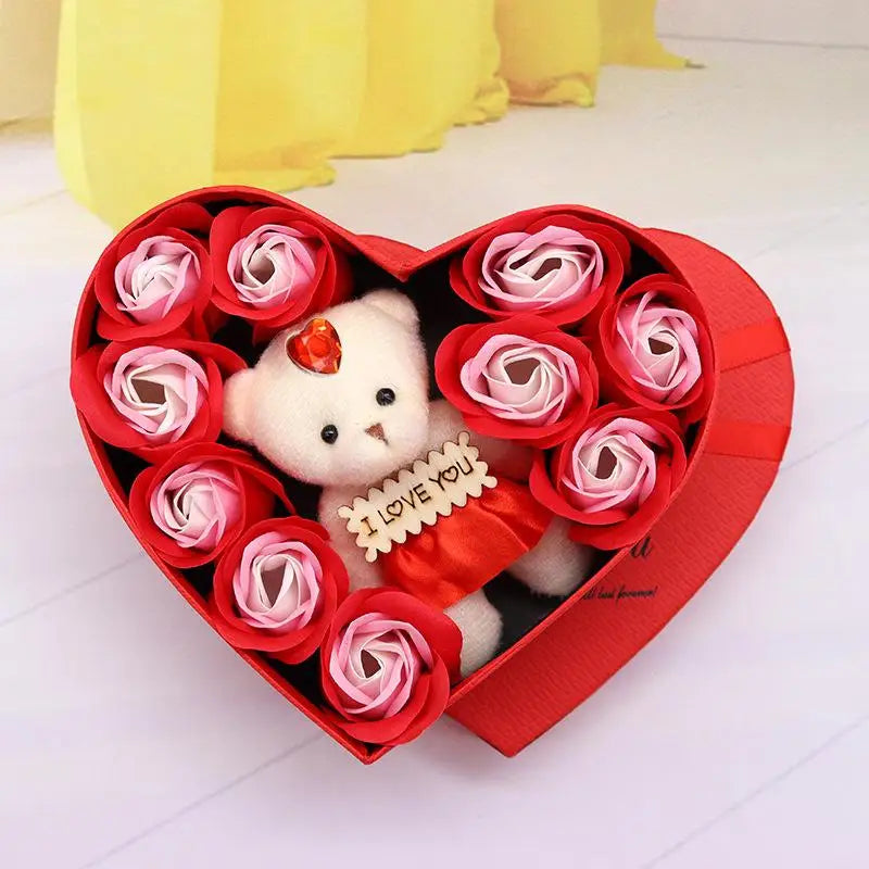 【P】Flower Red Pink Soap Rose Love Gift Box With Bear Valentine's Day Mother's Day Anniversary Gift Wedding Party Decorations