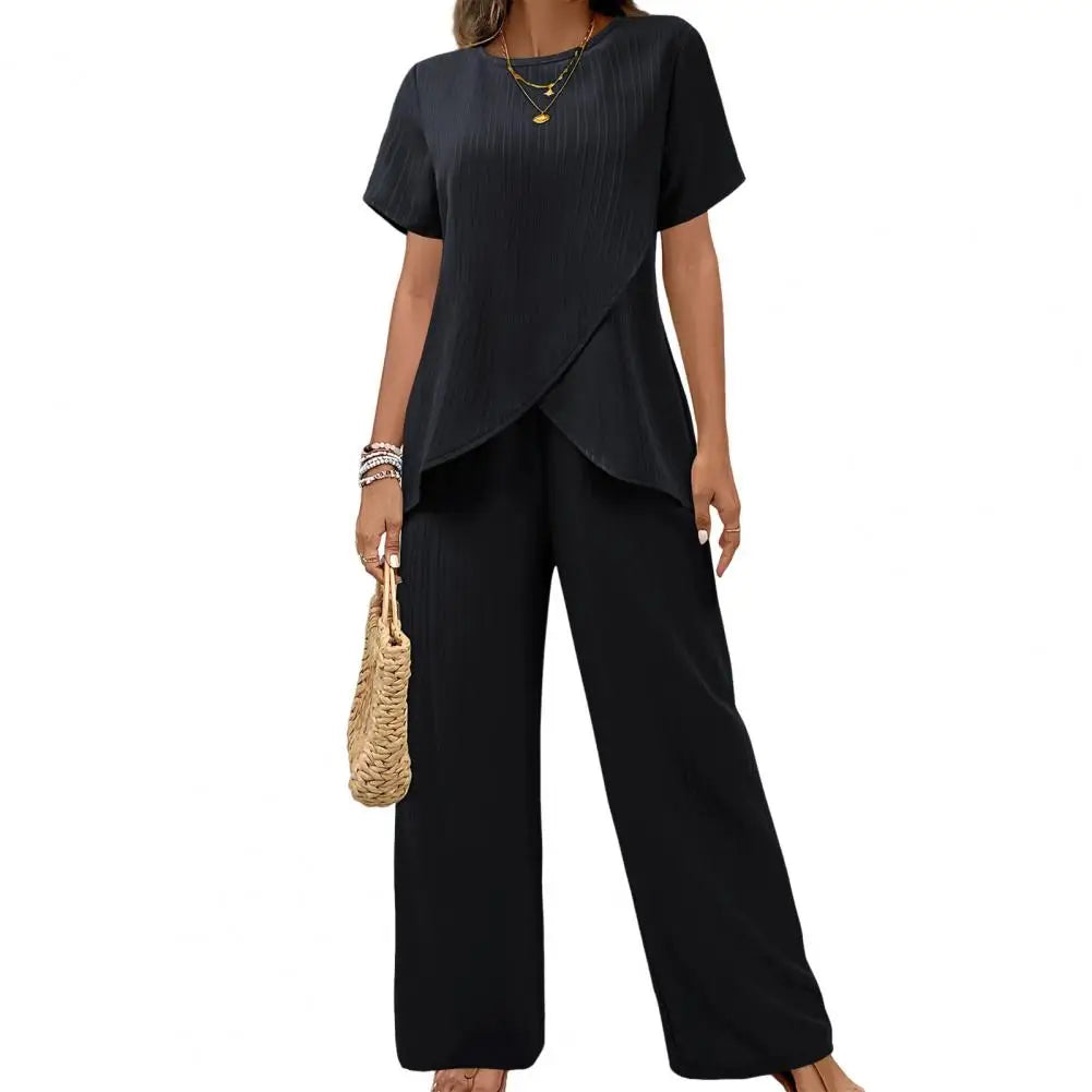 2026 Casual Solid Suit Women Summer Fashion Round Neck Short Sleeve Irregular Split Top Elastic Waist Trousers Two Piece Set