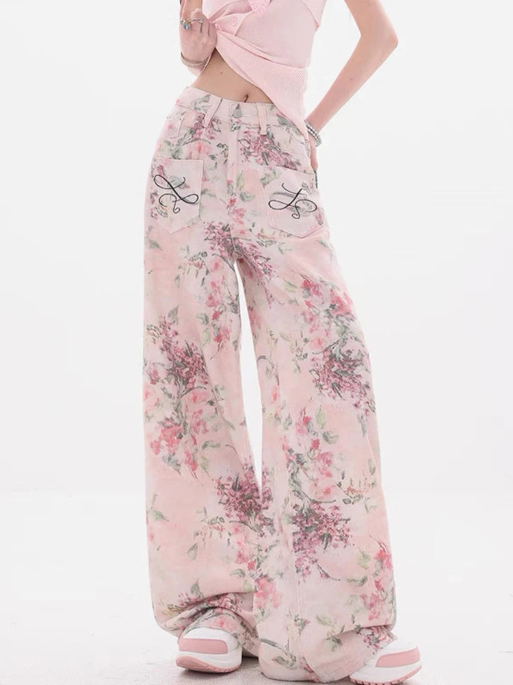 New Women Chinese Style Pink Embroidered Jeans Summer Casual Wide Leg Floor Length Pants with Printed Design