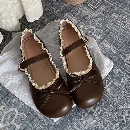 Lolita PU Leather JK Flat Shoes Bow Sweet Slip On Loafers Soft Sole Lace Ruffled Mary Jane Shoes Women