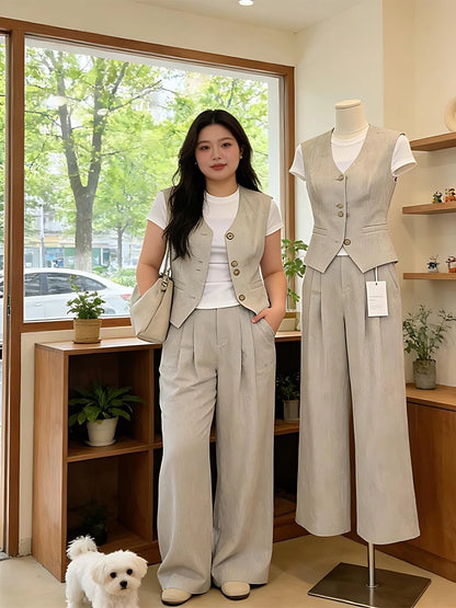 plus Size Casual Style Three Piece Set Women's Summer New White T-Shirt Sleeveless Tank Top Wide Leg Pants Ensemble