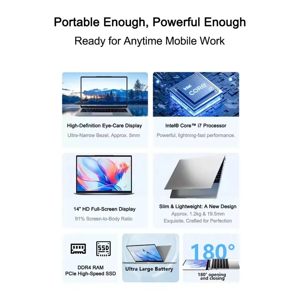 2026 14.1"Laptop Intel Core i7 8650U Portable Laptops Windows 11 Computer 4K HD 16GB 32GB RAM 1TB 2TB SSD Notebook Office