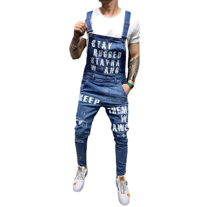 Men Suspenders Denim Jumpsuit Letters Denim Trousers Fashion Overalls Men's Ripped Denim Printed Jeans Men Streetwear