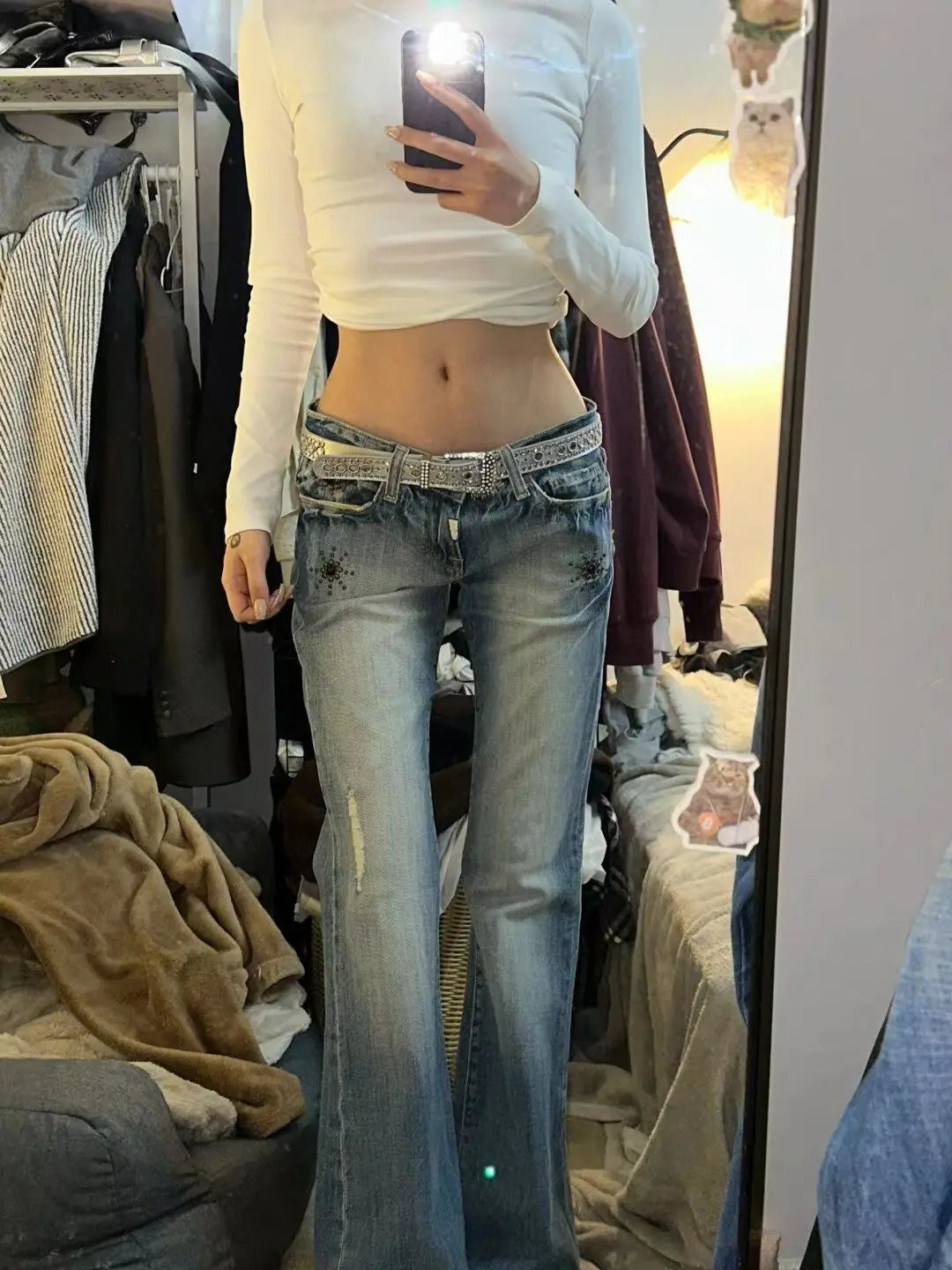 American Vintage Y2K Low Waist Bell Bottom Jeans Women's Wear Faded Slimming Crack Design Heavy Duty Dragging Pants Straight Leg