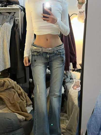 American Vintage Y2K Low Waist Bell Bottom Jeans Women's Wear Faded Slimming Crack Design Heavy Duty Dragging Pants Straight Leg