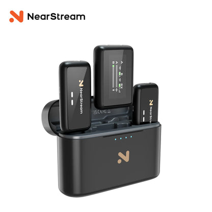 NearStream AWM20T 1-to-2 Wireless Lavalier Lapel Microphone, AI Noise Canceling, 656Ft Low Latency Transmission, 20H Battery with Charging Case, LCD Display, Plug & Play Mic for Office Meeting, Vlog, Podcast, Live Streaming