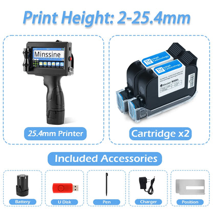 Portable 12.7mm Handheld Inkjet Printer QR Barcode Batch Number Logo Expiry Date Label Printer Gun 25 Languages Non-encrypted
