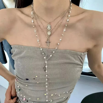 2026 Trendy Cross Pearl Vintage Multi Layer Bead Necklace Set For Women Charm Personalized Neck Jewelry Accessories