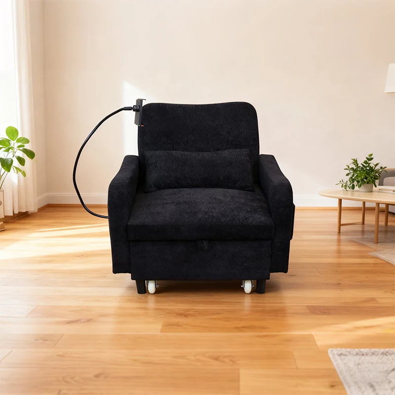 3-in-1 Convertible Sofa Bed, Sleeper Sofa Chair with Phone Holder & USB Port, Sofa Side Table, Pull Out Sofa Bed with Moving Wheels, Adjustable Backrest for Living Room, Bedroom