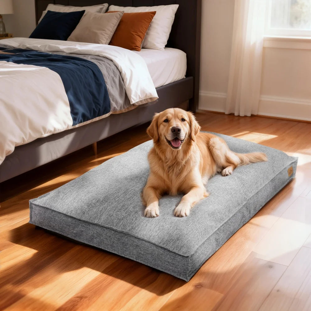 Large Dog Bed Washable Rectangular Dog Pet Pillow Bed with Linen Cover Foam Base Waterproof Lining Calming Sleep Pet Bed Mattress