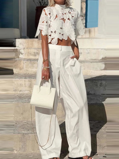 White Lace High Waist Women Outfit Casual Loose Beach 2 Piece Set Summer O Neck Short Sleeve Top and Wide Leg Pants Holiday Suit