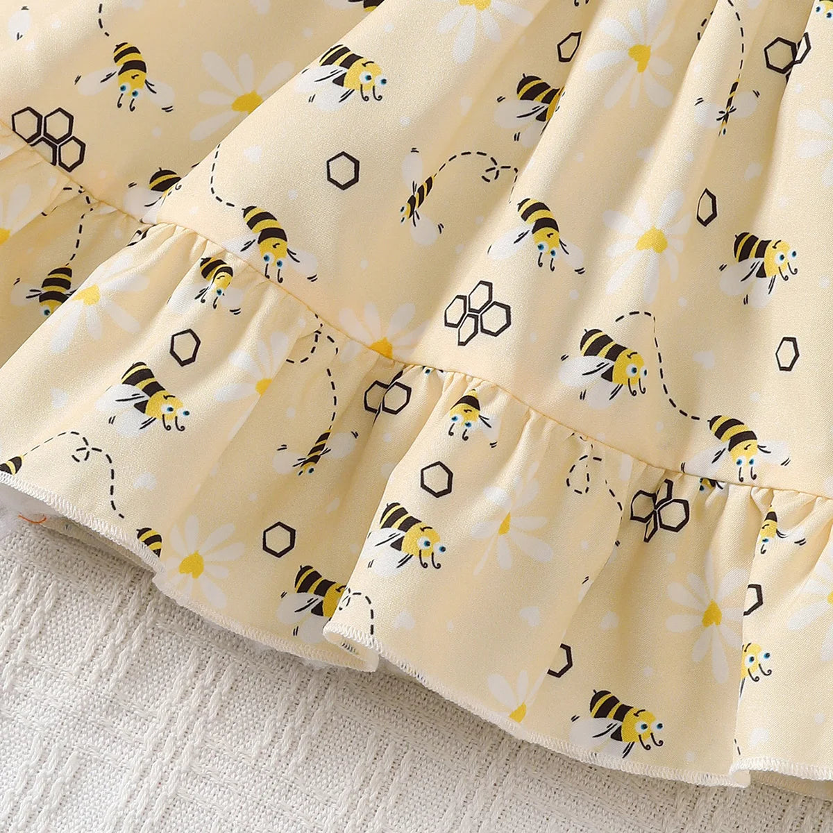 Baby girl Summer Dress Cute Little bee Ruffled Suspender Dress and Headband 2-piece Set for 0-3 Year old Baby girl Casual Dress