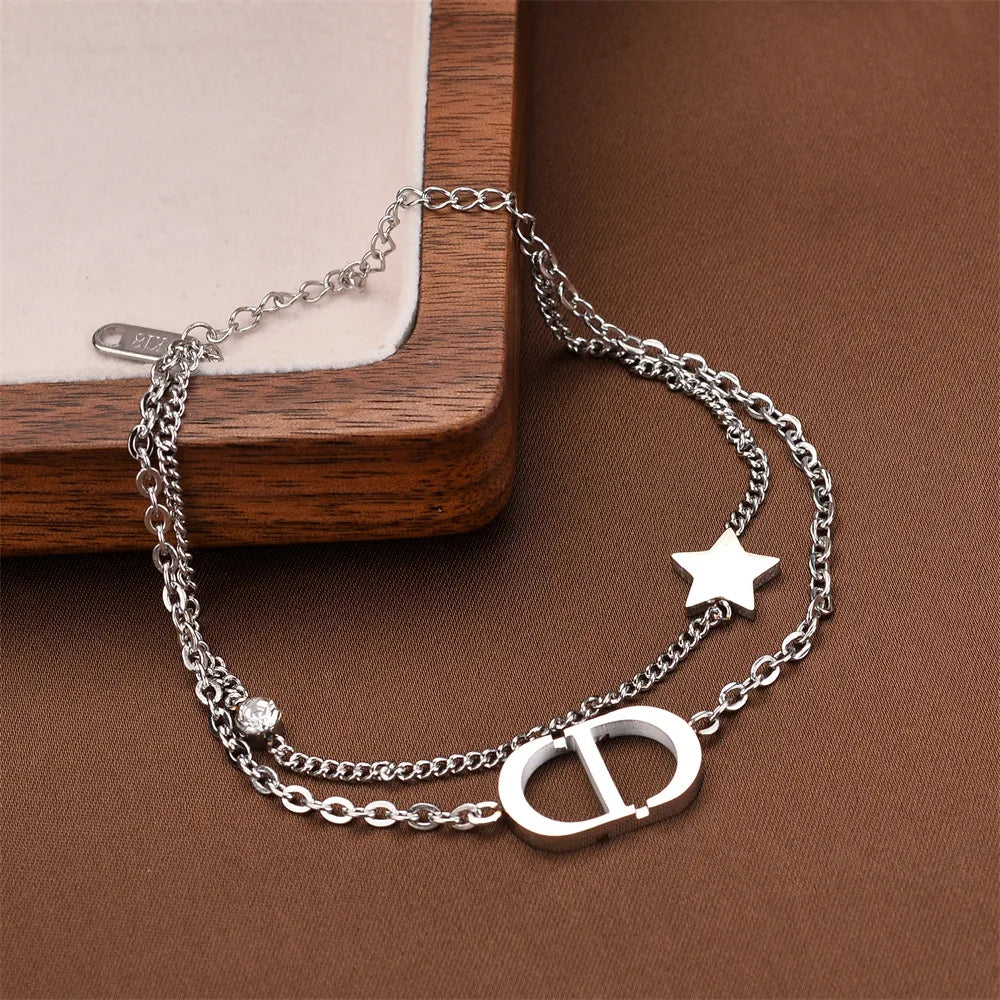 Fashionable Titanium Steel Double Layer Bracelet with Letter Star Design Simple Elegance Daily Wear Unique Style Hand Jewelry