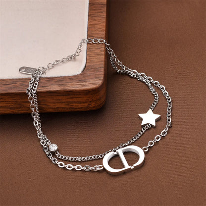 Fashionable Titanium Steel Double Layer Bracelet with Letter Star Design Simple Elegance Daily Wear Unique Style Hand Jewelry