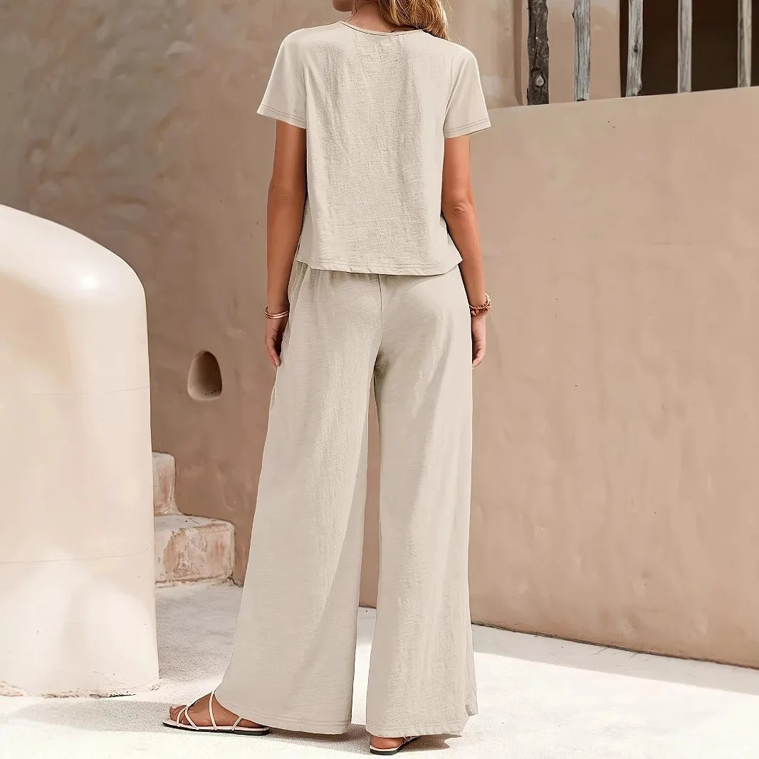 2026 New Solid Green Women Loungewear Set Round Neck Crop Short Sleeve Top Elastic Waist Wide Leg Pants Casual Two Piece Pajamas