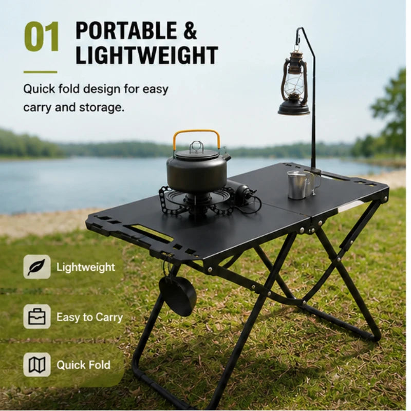 Portable Foldable Outdoor Table Hollowed Side for Hanging Goods Sturdy Desk Ideal for Camping Beach and Picnic
